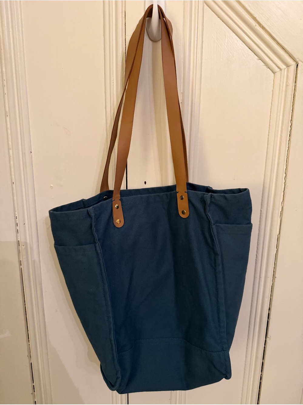 Everyday Canvas Tote with Tan Leather Straps — Deep Blue
